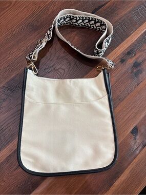 AHDORNED Canvas Crossbody Bag, Ivory,Black Faux Leather Trim, Guitar Strap